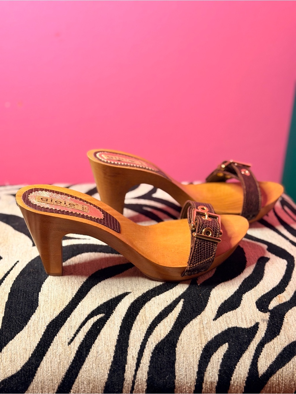 Women's Brown Leather Buckle Mule Heels